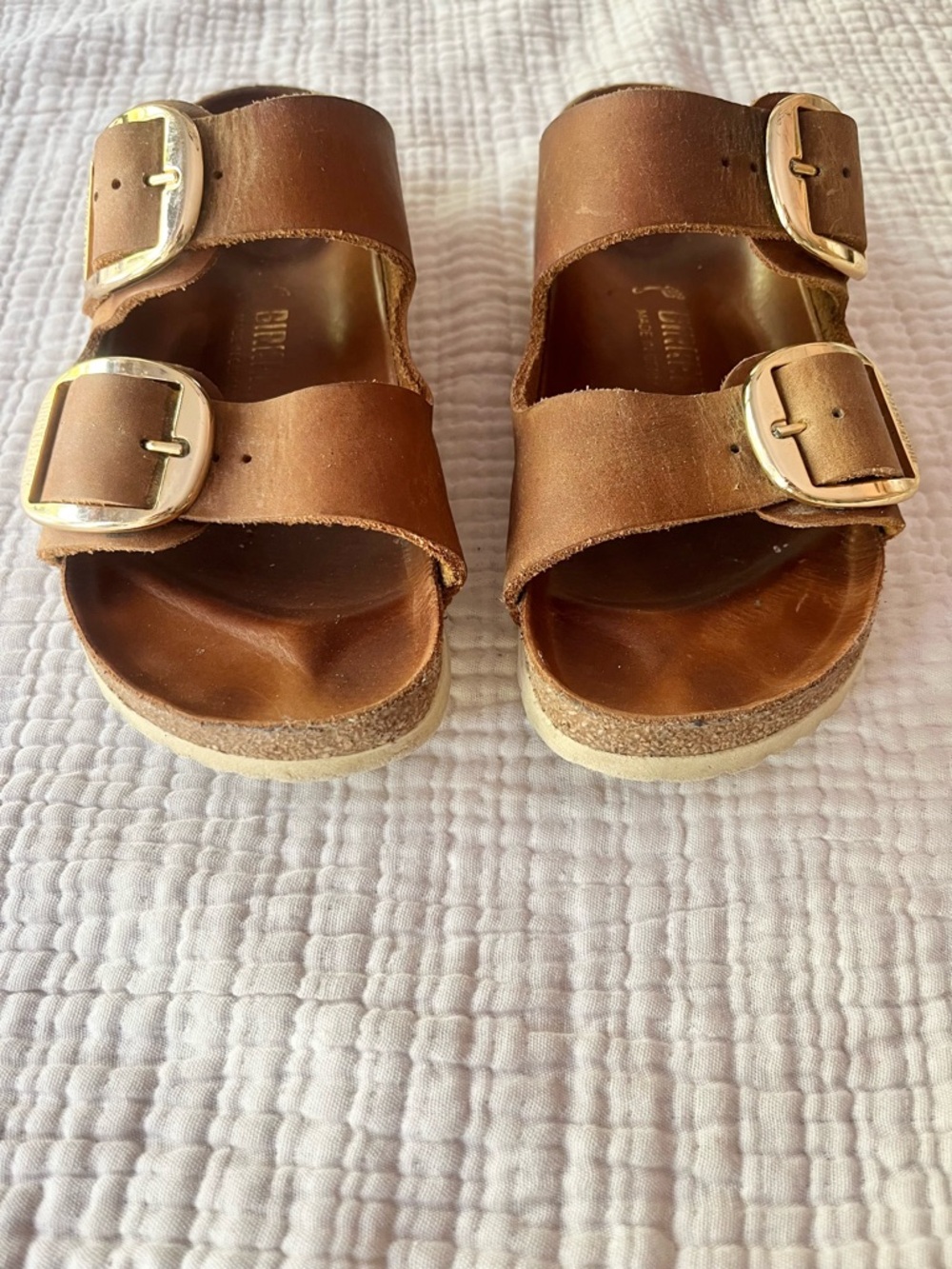 Birkenstock Tan Brown Large Gold Buckle Arizona Leather Sandals 37 - Picture 4 of 10
